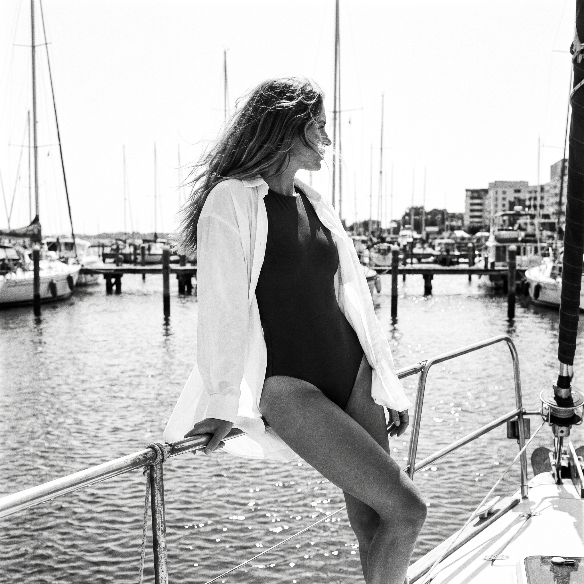 Swim and Beach: black and white film photograph, woman in one-piece swimsuit and open shirt on a yacht deck
