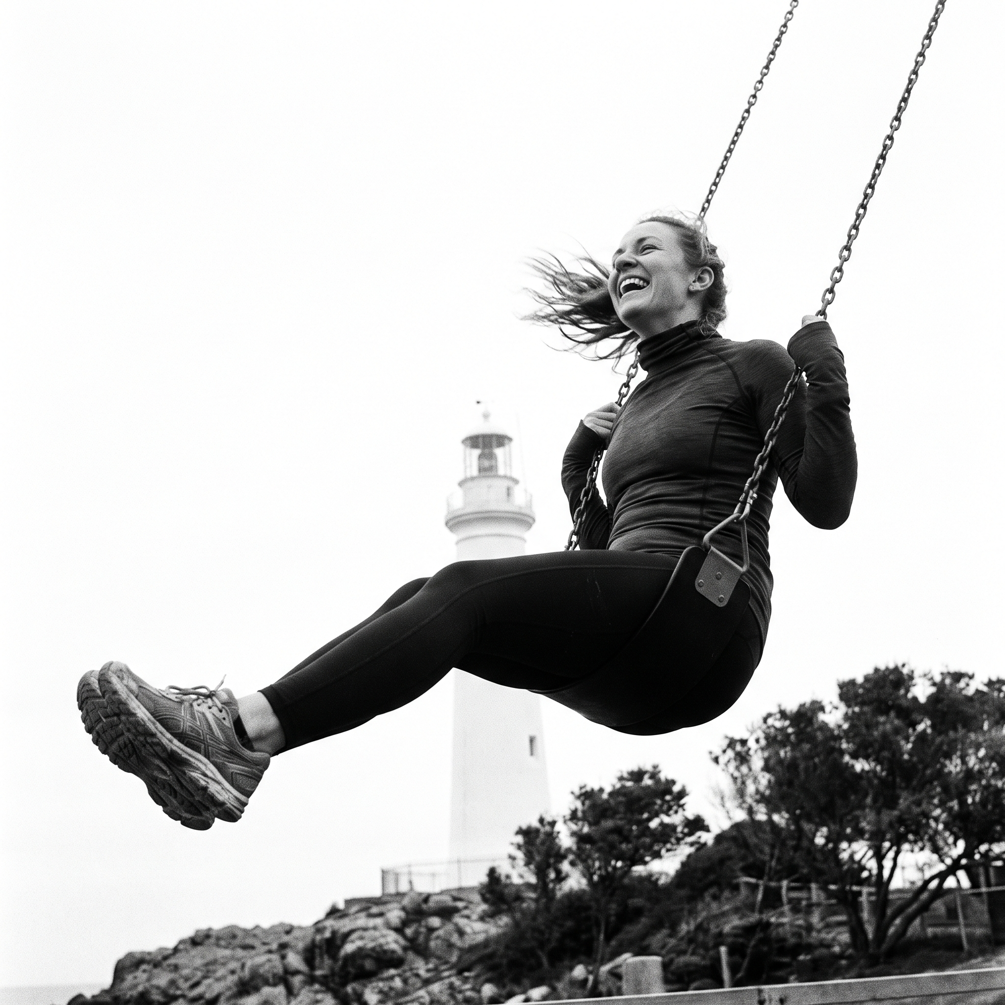 Sport: black and white film photograph, woman in athletic top and leggings mid-swing outdoors