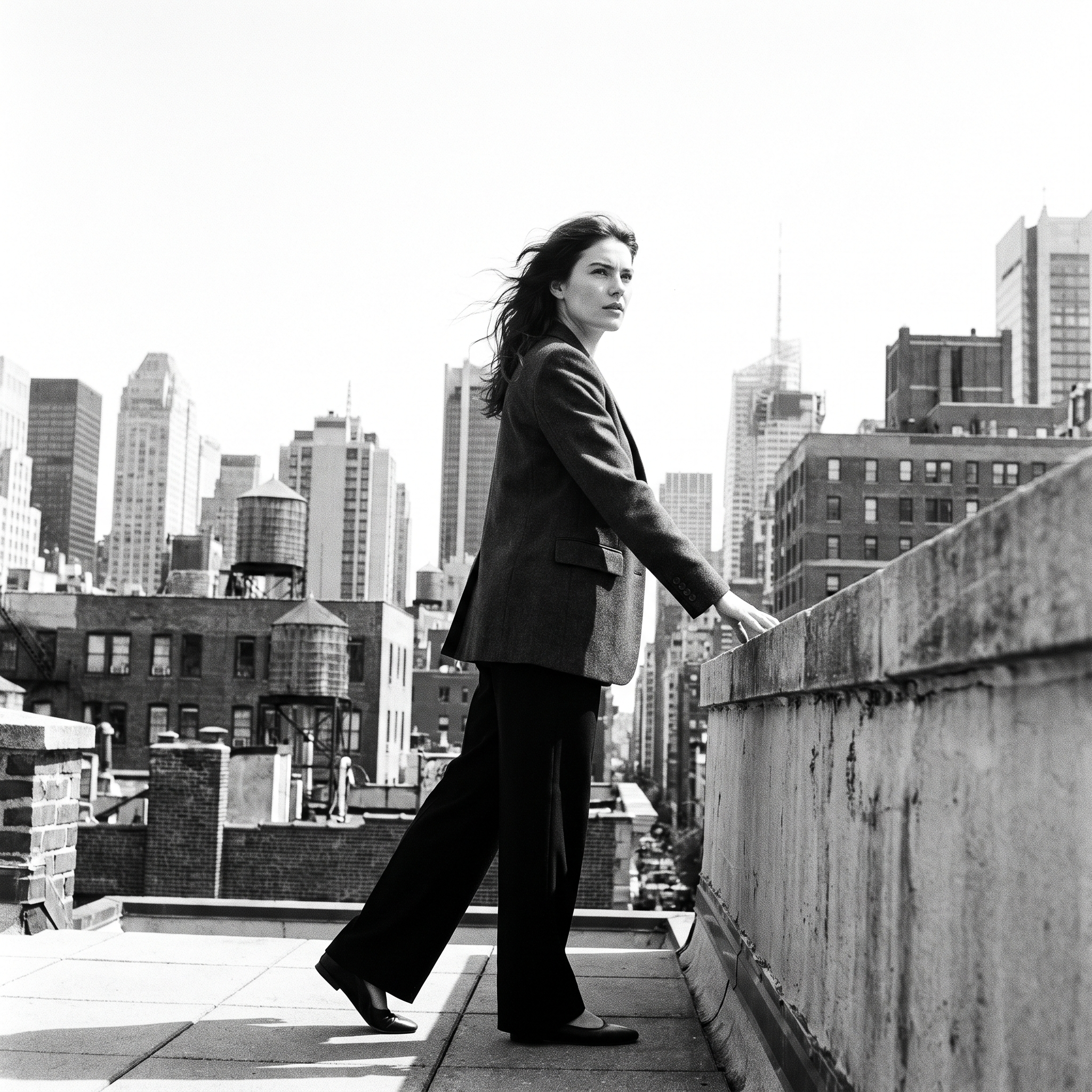 Ready-to-Wear: black and white film photograph, woman in tailored blazer and trousers on a city rooftop