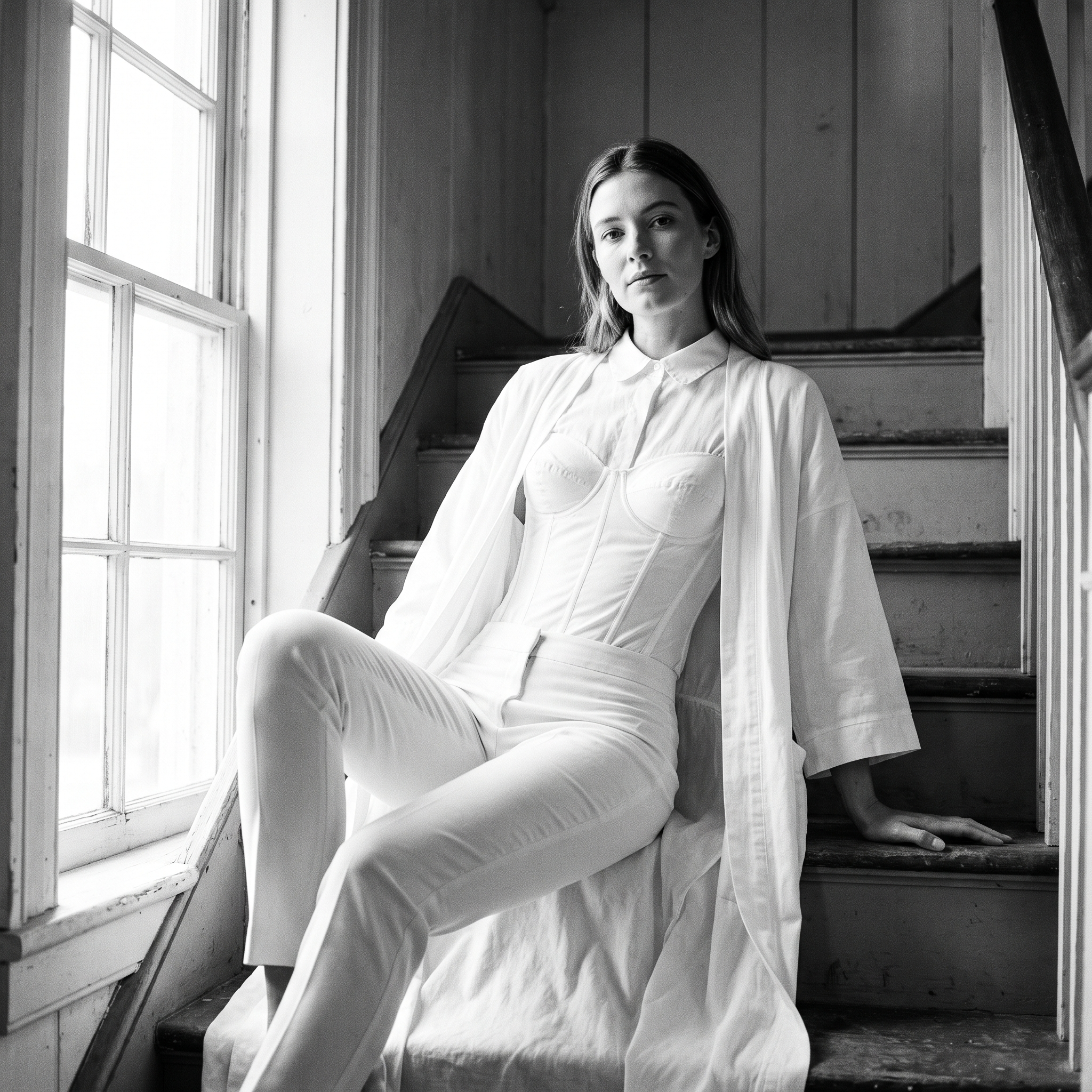 Intimates and Salon: black and white film photograph, woman in structured white bodysuit and robe on a staircase