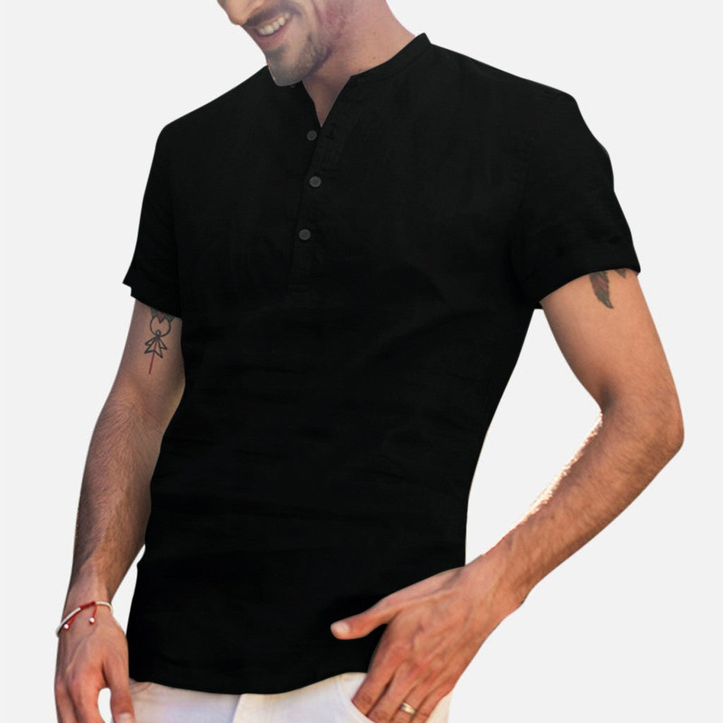 Stevensons · NW SH-28 — Cotton-Linen Short-Sleeve Band-Collar Shirt